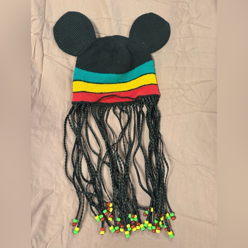 Disney World Micky Ears Jamaican Rasta Braids Beads Beany Hat